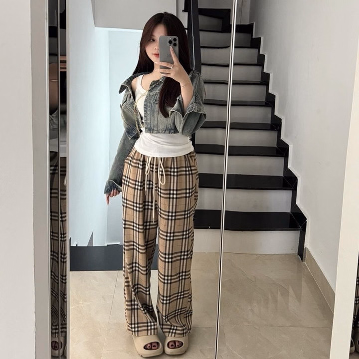 Quần Ống Rộng Kẻ Caro Mẫu Mới Màu Vàng Bò Siêu Hót - Ảnh 5