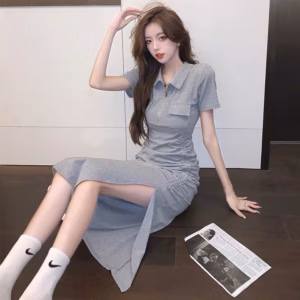 Đầm Body Gân Tăm Form Dài Rút 1 Bên Cổ Sơ Mi - Lê Phương Boutique