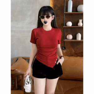 Áo Thun Gân Tăm Lạnh Dán Nút Tà Chéo - Lê Phương Boutique