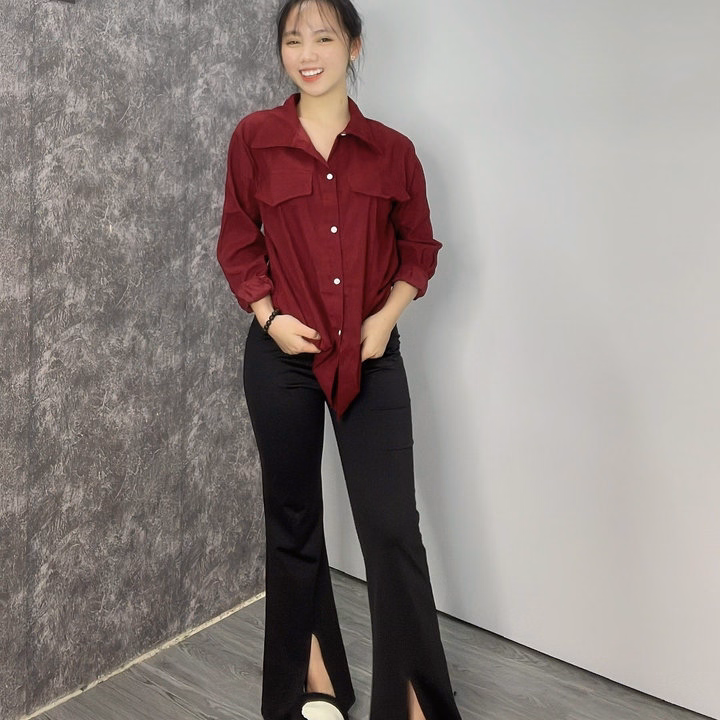 Sét Bộ Quần Ống Loe Umi + Kèm Áo Sơ Mi Nhung Đỏ - Ảnh 2