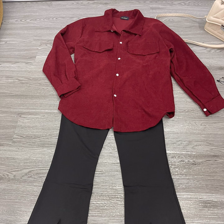 Sét Bộ Quần Ống Loe Umi + Kèm Áo Sơ Mi Nhung Đỏ - Ảnh 3