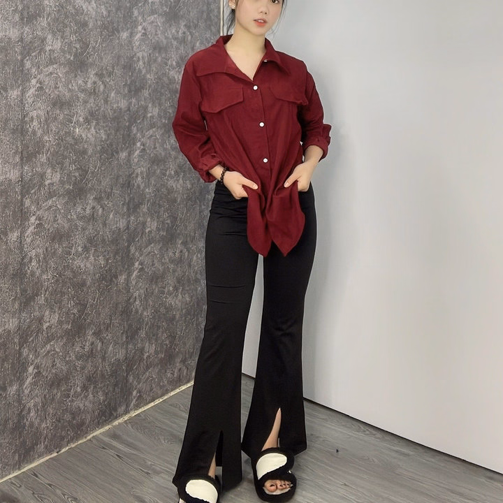 Sét Bộ Quần Ống Loe Umi + Kèm Áo Sơ Mi Nhung Đỏ - Ảnh 4