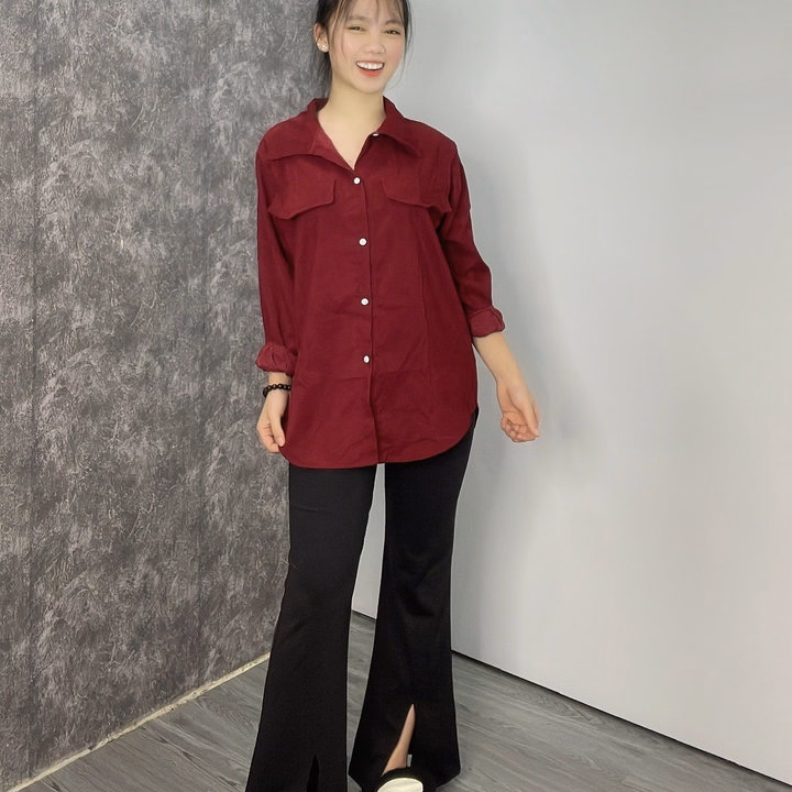 Sét Bộ Quần Ống Loe Umi + Kèm Áo Sơ Mi Nhung Đỏ - Ảnh 5