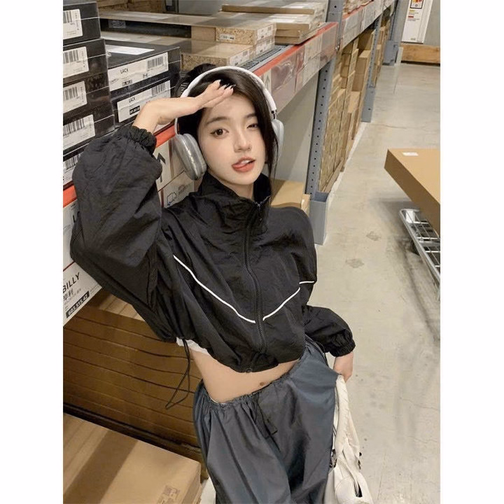 Áo Khoác Dù Nữ 2 Lớp Dáng Lửng Phối Sọc Ngang Áo Siêu Đẹp Phong Cách - Htm Fashion - Ảnh 2