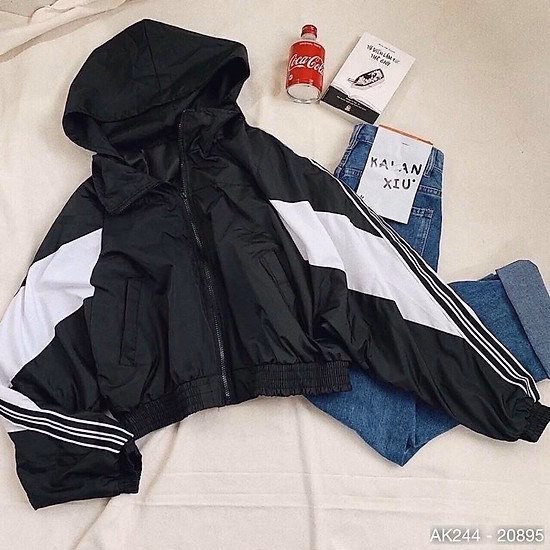 Áo Khoác Dù Nữ 2 Lớp Dáng Lửng Dây Kéo Trơn Phối Sọc Tay Siêu Đẹp - Htm Fashion - Ảnh 3