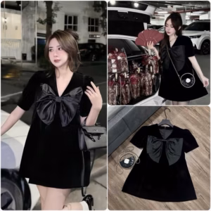 Váy Đen Baby Đính Nơ To Màu Đen,Chất Thô Hàn