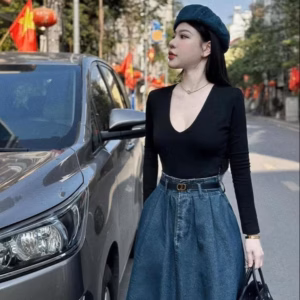 Set Váy Denim Phối Áo Thun Tăm Tay Dài Kèm Dây Đai Bt1107- Nana House