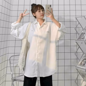 Áo Sơ Mi Nữ Áo Sơ Mi Da Lộn In Chữ Nút Cài Form Chuẩn Rộng Thoải Mái - Htm Fashion