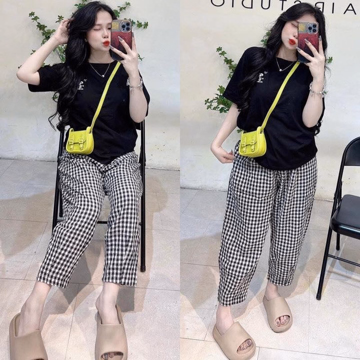 Set Bộ Thun Tăm Lạnh Thêu Hình Phối Quần Caro Sọc Bt9070- Nana House - Ảnh 2