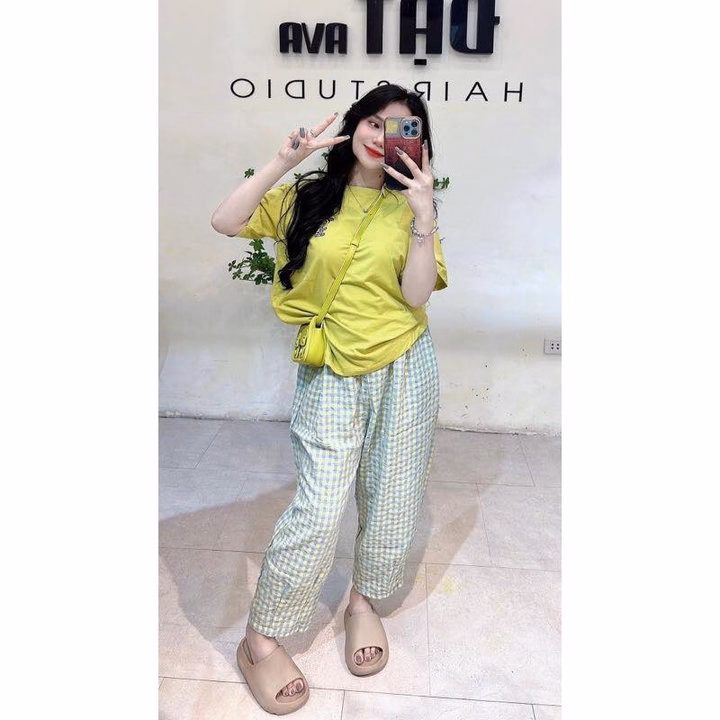 Set Bộ Thun Tăm Lạnh Thêu Hình Phối Quần Caro Sọc Bt9070- Nana House - Ảnh 3