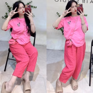 Set Bộ Thun Tăm Lạnh Thêu Hình Phối Quần Caro Sọc Bt9070- Nana House