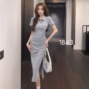 Đầm Váy Nữ Thun Gân Dáng Dài Dây Rút Xẻ Tà St735- Sam Store