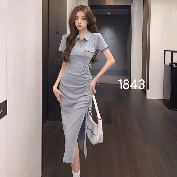 Đầm Váy Nữ Thun Gân Dáng Dài Dây Rút Xẻ Tà St735- Sam Store