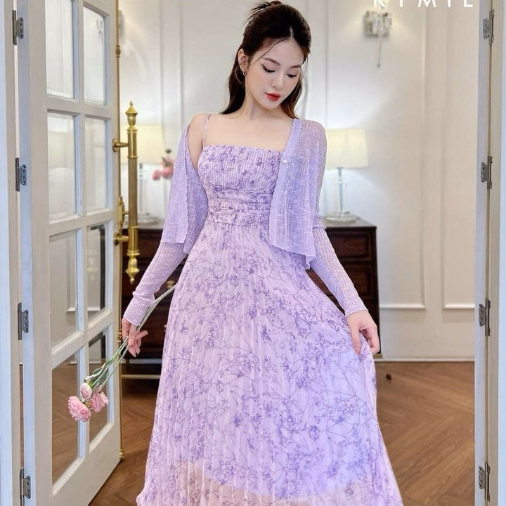 Set Đầm Voan Dập Ly Xếp Ngực Kèm Áo Khoác Sh1459- Sam Store