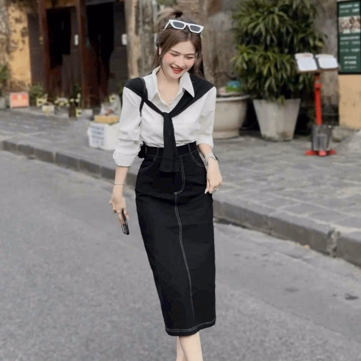 Set Chân Váy Kaki Mix Áo Sơ Mi Kèm Choàng Vạt Bh1109- Nana House - Ảnh 4