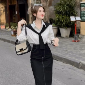 Set Chân Váy Kaki Mix Áo Sơ Mi Kèm Choàng Vạt Bh1109- Nana House