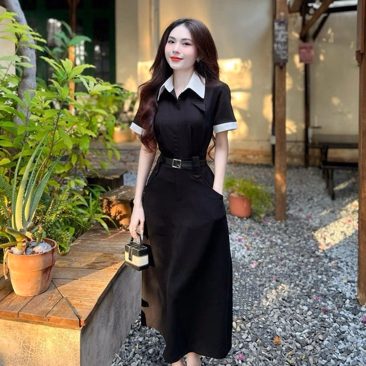 Đầm Váy Nữ Kaki Cổ Trụ Phối Màu Kèm Dây Nịt Bh954- Nana House - Ảnh 2