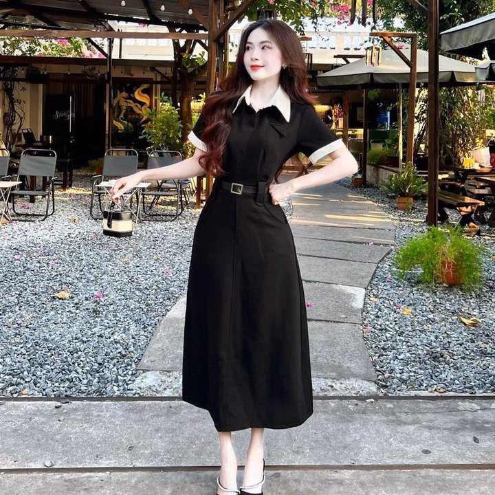 Đầm Váy Nữ Kaki Cổ Trụ Phối Màu Kèm Dây Nịt Bh954- Nana House