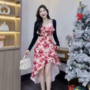 Set Đầm Hoa 2 Dây Bèo Xếp Tầng Kèm Áo Khoác Sh1106- Sam Store