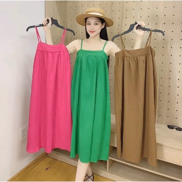 Váy 2 Dây-Đầm Bầu Đi Biển Dạo Phố 2 Dây Siêu Thoáng Mát Babydoll Màu Sắc Tre Trung Cực Xinh Vải Đũi Gân - Ảnh 6