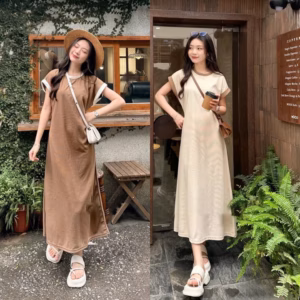 [ Rẻ Vô Địch ] Váy Xuông Dáng Dài Phối Viền Cổ, Viền Tay Form Rộng Chất Thun Thái Co Dãn Tốt Big Size