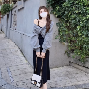 Sét Váy 2 Dây Bún Tăm Dáng Ngắn + Mix Kèm Soắn Áo Nơ Xám Tiêu Dài Tay Tiểu Thư