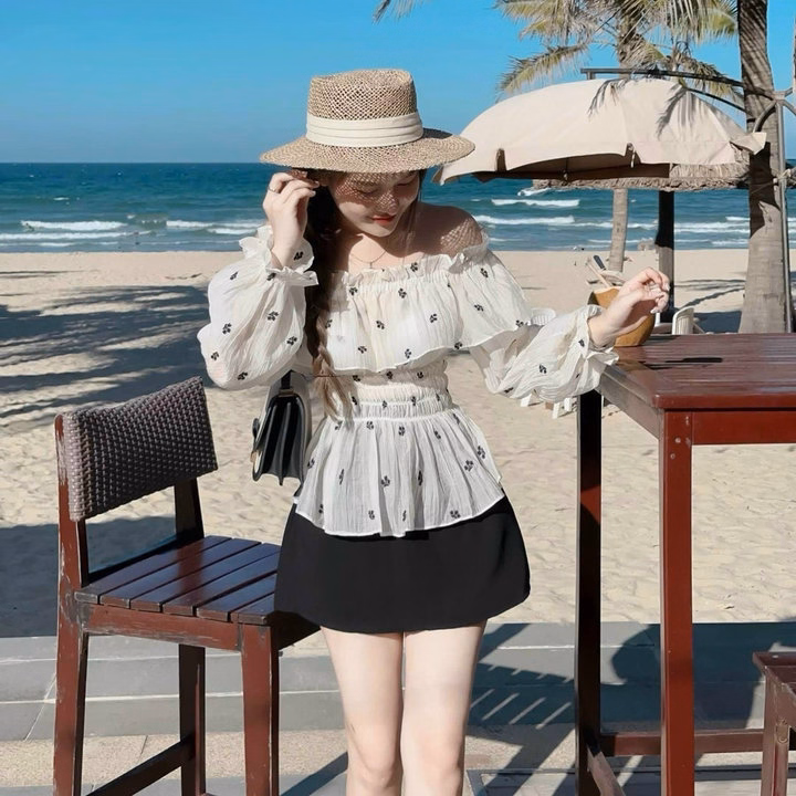 Set Chân Váy Có Lót Kèm Áo Bèo Vai Tay Dài Có Mút Ngực Sh1003- Sam Store - Ảnh 3