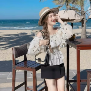 Set Chân Váy Có Lót Kèm Áo Bèo Vai Tay Dài Có Mút Ngực Sh1003- Sam Store