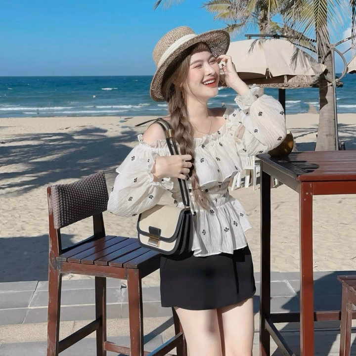 Set Chân Váy Có Lót Kèm Áo Bèo Vai Tay Dài Có Mút Ngực Sh1003- Sam Store