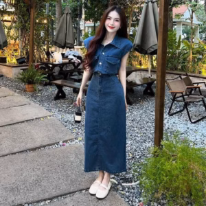 Set Váy Denim Cài Nút Chân Váy Dài Cổ Trụ St1143- Sam Store