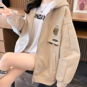 Áo Khoác Nỉ Dày Dặn Nữ Thêu Hình Gấu Phối Nắp Siêu Xinh From Rộng Ut10