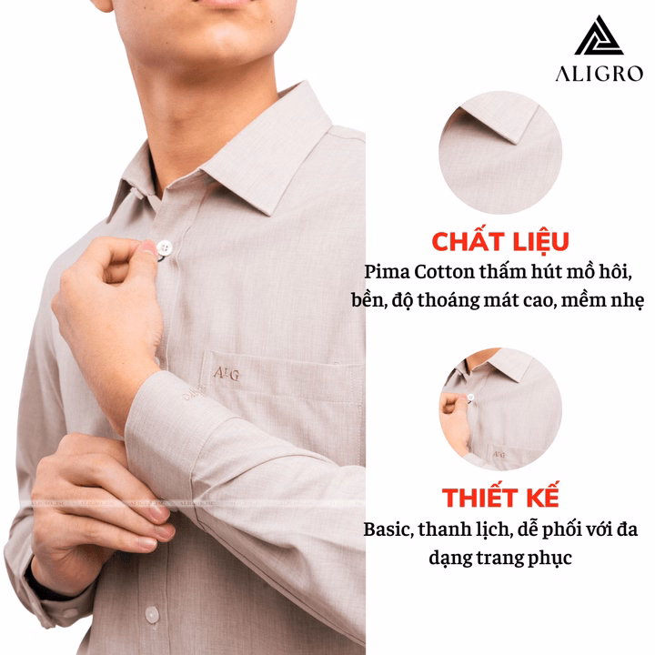 Áo Sơ Mi Nam Dài Tay Aligro Cổ Bẻ Dáng Ôm Body 100% Chất Cotton Trơn Màu Ghi Algs157- Aligro - Ảnh 2