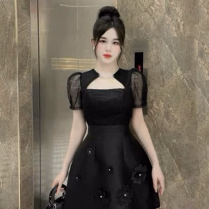 Đầm Tafta Phối Vải Vân Mây Kết Cườm Đá Đính Bông Sh100L- Sam Store