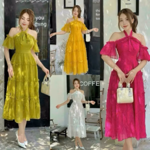 Đầm Trễ Vai Tay Bèo Cột Nơ Cổ Mocking Phía Sau(Có Mút) Bh85F- Nana House