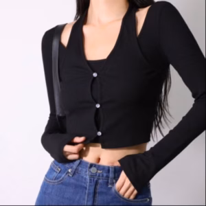 Áo Croptop Nữ Ôm Body Tay Dài Choàng Cổ Yếm Có Nút Gu473- Nana House