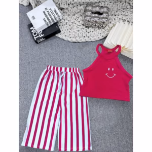 Set Bộ Tăm Lạnh Áo Crotop Cổ Yếm Phối Quần Kẻ Sọc Ống Suông Cho Bé Gái - Dâu Shop