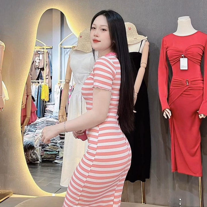 Đầm Thun Gân Nữ Ôm Body Dáng Dài Sọc Ngang Phối Cổ Bt67O- Nana House - Ảnh 4