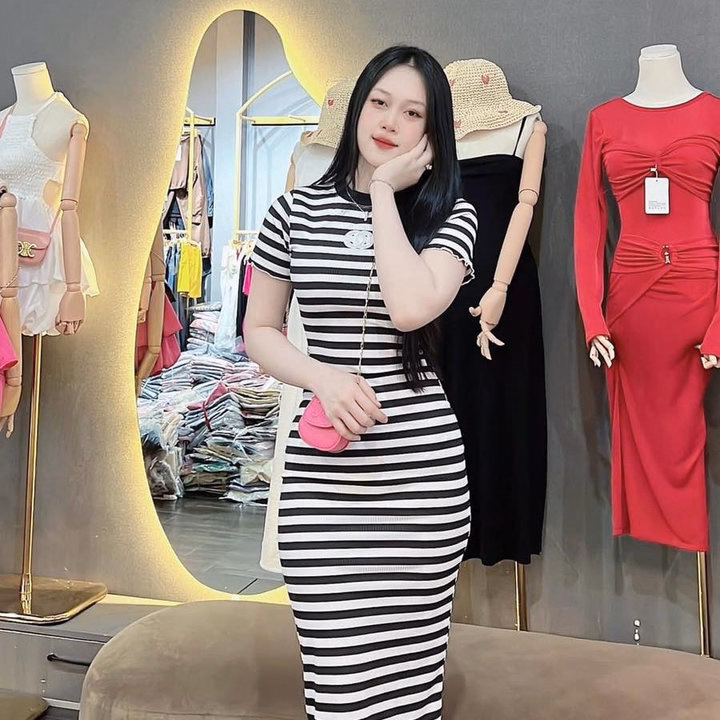 Đầm Thun Gân Nữ Ôm Body Dáng Dài Sọc Ngang Phối Cổ Bt67O- Nana House - Ảnh 3