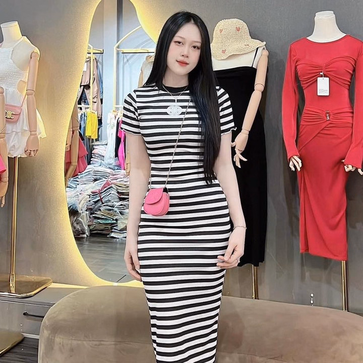 Đầm Thun Gân Nữ Ôm Body Dáng Dài Sọc Ngang Phối Cổ Bt67O- Nana House - Ảnh 8