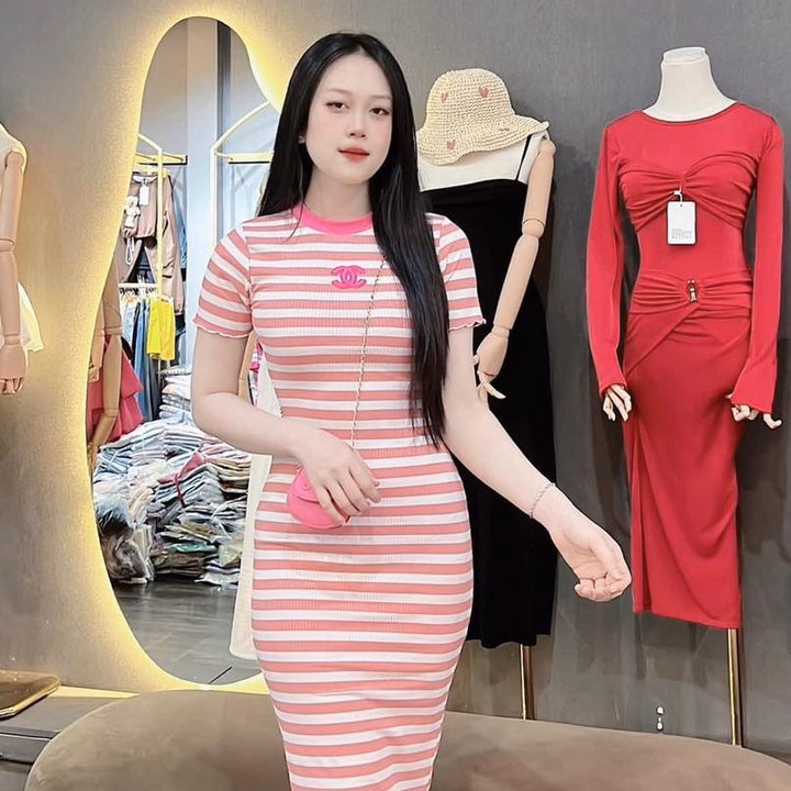 Đầm Thun Gân Nữ Ôm Body Dáng Dài Sọc Ngang Phối Cổ Bt67O- Nana House - Ảnh 7