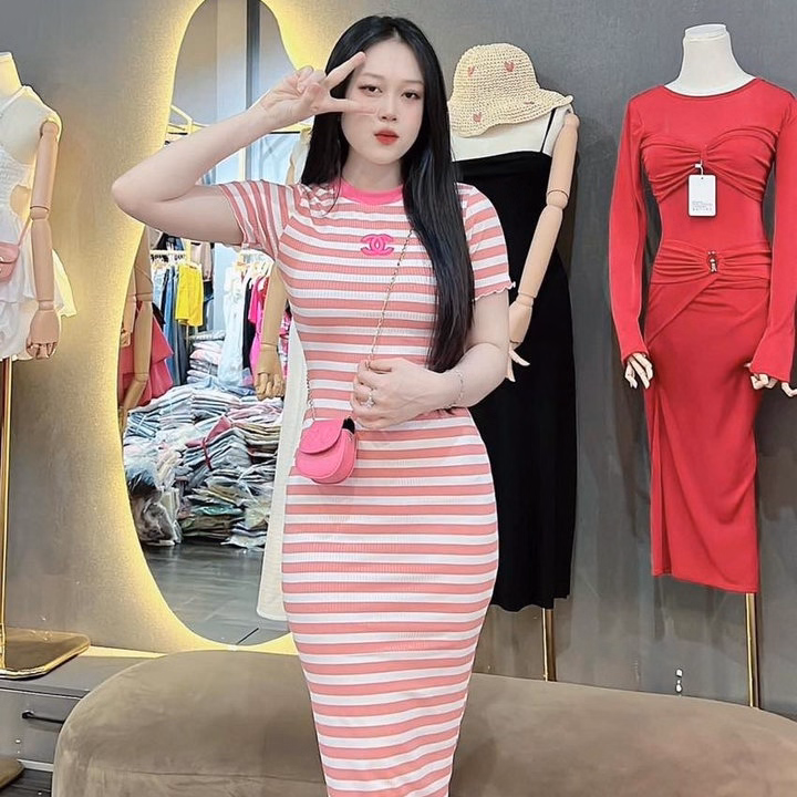 Đầm Thun Gân Nữ Ôm Body Dáng Dài Sọc Ngang Phối Cổ Bt67O- Nana House - Ảnh 2