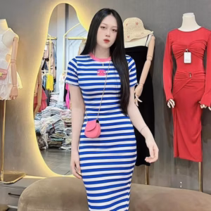 Đầm Thun Gân Nữ Ôm Body Dáng Dài Sọc Ngang Phối Cổ Bt67O- Nana House