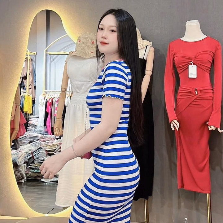 Đầm Thun Gân Nữ Ôm Body Dáng Dài Sọc Ngang Phối Cổ Bt67O- Nana House - Ảnh 5