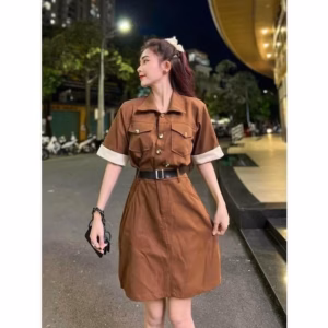 Đầm Kaki Cổ Trụ Phối Tay Kèm Dây Đai Bt93N - Nana House