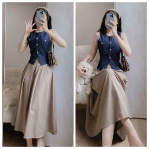 Set Áo Denim Gile Cài Nút Phối Chân Váy Cotton Lạnh Bt85N- Nana House