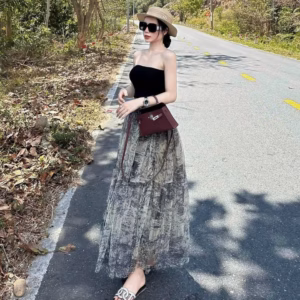 Set Áo Cúp Ngực Bozip Phối Chân Váy Xòe Vải Voan Dài Có Lót Sh105V- Sam Store