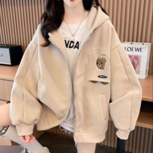 Áo Khoác Hoodie Phối Khóa Kéo Có Nón Thêu Gấu -Htm Fashion
