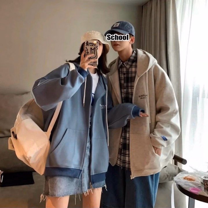 Áo Khoác Hoodie Cặp Đôi Nam Nữ Có Nón Phối Khóa Kéo Thêu Chữ Galaxy Chất Vải Poly -Htm Fashion