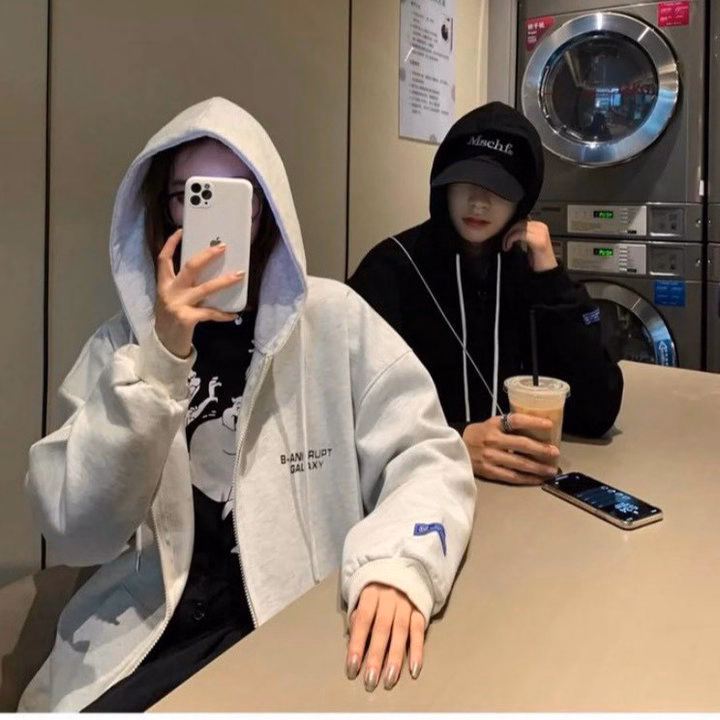 Áo Khoác Hoodie Cặp Đôi Nam Nữ Có Nón Phối Khóa Kéo Thêu Chữ Galaxy Chất Vải Poly -Htm Fashion - Ảnh 3