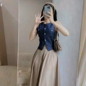 Set Áo Denim Gile Cài Nút Phối Chân Váy Cotton Lạnh St85K- Sam Store